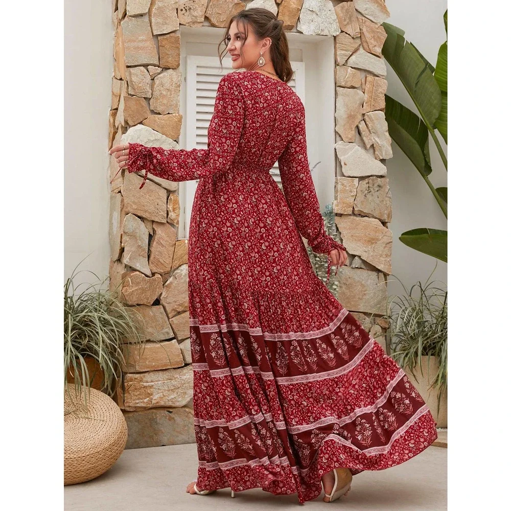 boho Floral Print Knot long Sleeve Ruffle Hem Maxi Dress paisley green - Picture 5 of 5